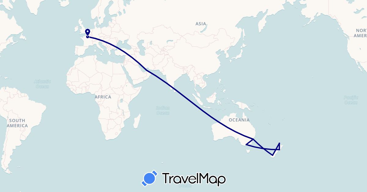 TravelMap itinerary: driving in United Arab Emirates, Australia, France, New Zealand (Asia, Europe, Oceania)